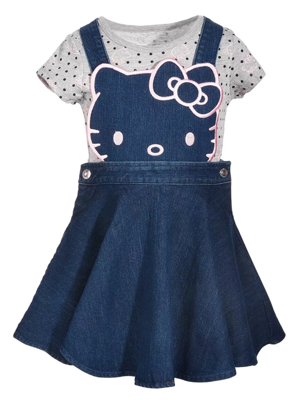Hello Kitty Navy Denim Jumper with Gray Polka Dot Tee and Pink Trim